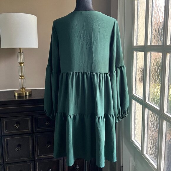 Bohemian Green Long Sleeve Tiered Dress V Neck Small - 0424 - Picture 3 of 3
